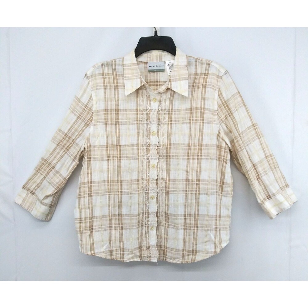 Alfred Dunner Shirt Women Size 14P Beige Tan Plaid Lace Accent Button Up Top